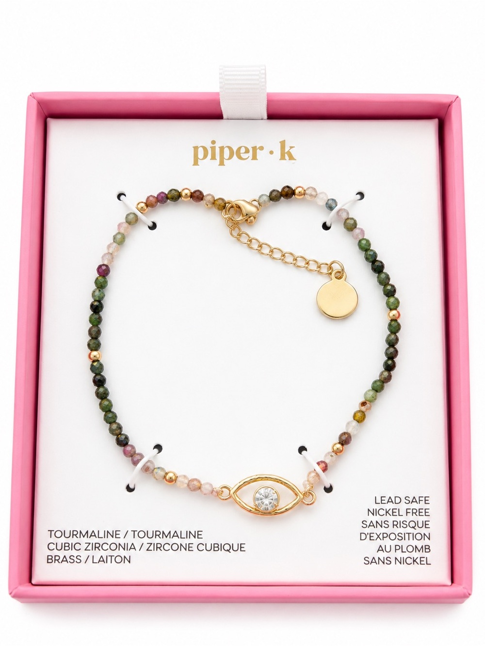 Piper·k Multicolor Tourmaline Beaded Bracelet with Gold Evil Eye Charm